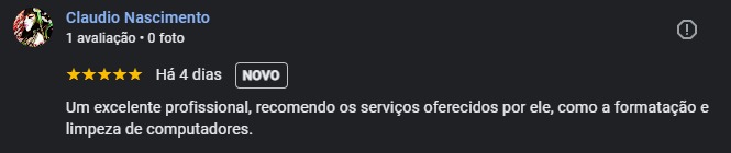 Avaliação 5 estrelas de Claudio Nascimento no Google: Um excelente profissional, recomendo.